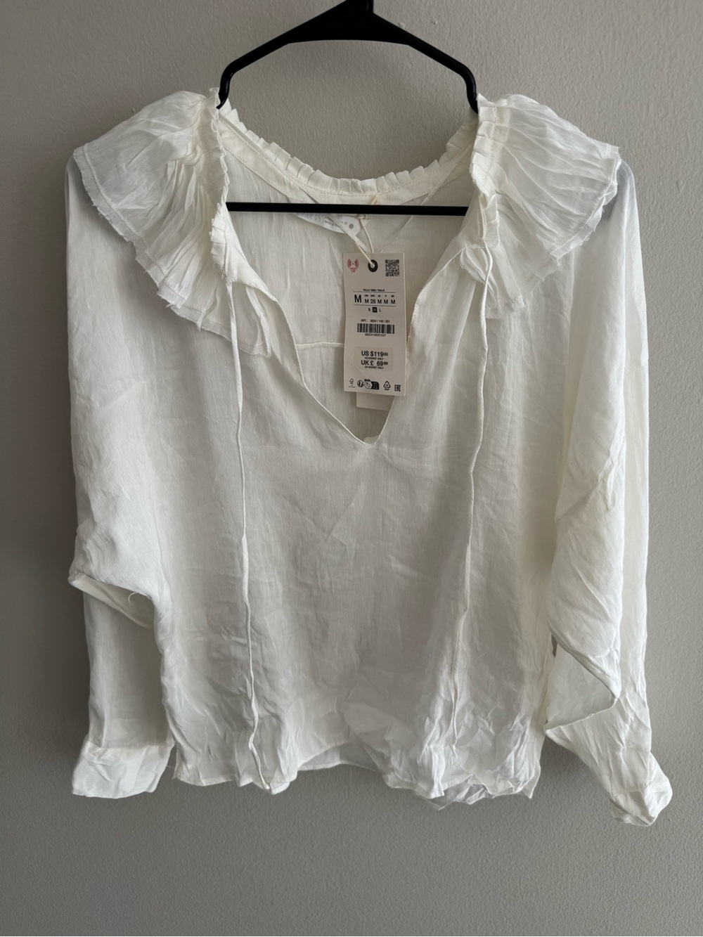 Zara White linen silk ruffle blouse size M